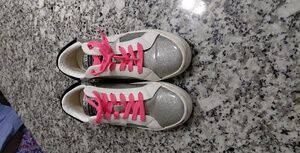 Silver and White Sneakers with Pink Laces